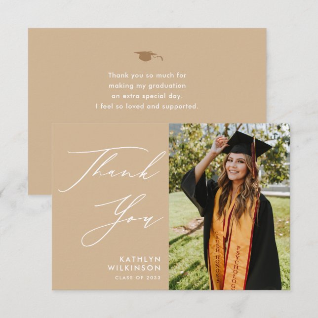Dusty Beige Elegant Script Minimalist Graduation Thank You Card (Front/Back)