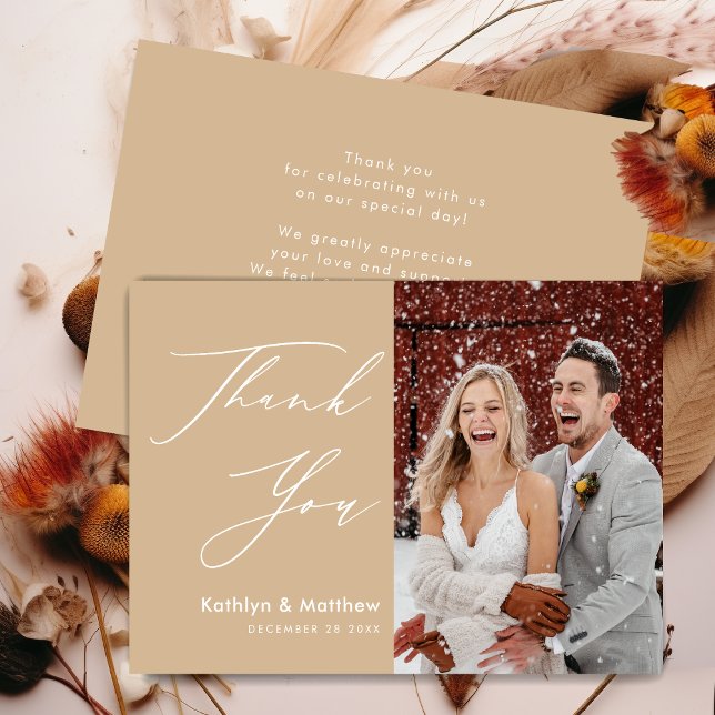 Dusty Beige Elegant Script Modern Photo Wedding Thank You Card (Creator Uploaded)