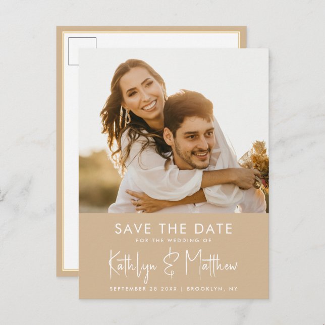Dusty Beige Fun Script Modern Photo Wedding Save T Announcement Postcard (Front/Back)