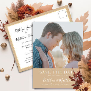Dusty Beige Modern Typography Simple Photo Wedding Announcement Postcard