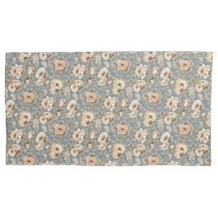 Dusty Biue with Ivory Roses Floral Pillowcase