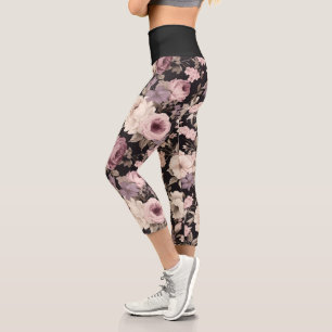 Dusty black muted floral Boho design Capri Leggings