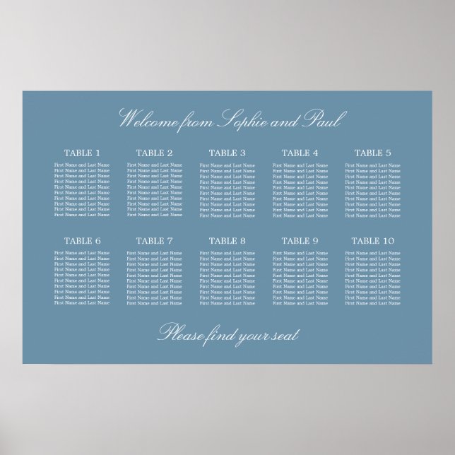 Dusty Blue 10 Table Wedding Seating Chart Poster (Front)
