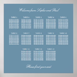 Dusty Blue 13 Table Wedding Seating Chart Poster