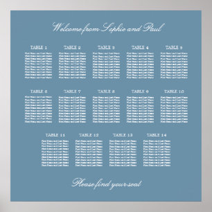 Dusty Blue 14 Table Wedding Seating Chart Poster