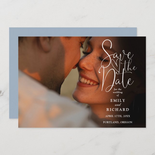 Dusty Blue 2 Photo Elegant Script Wedding  Save The Date (Front/Back)