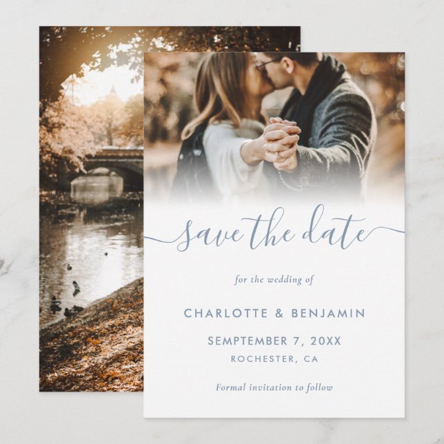 Dusty Blue 2 Photo Wedding Save The Date Card (Front/Back)