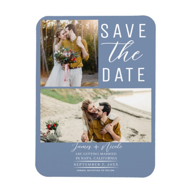 Dusty Blue 2 Photos Save the Date Wedding Magnet (Vertical)