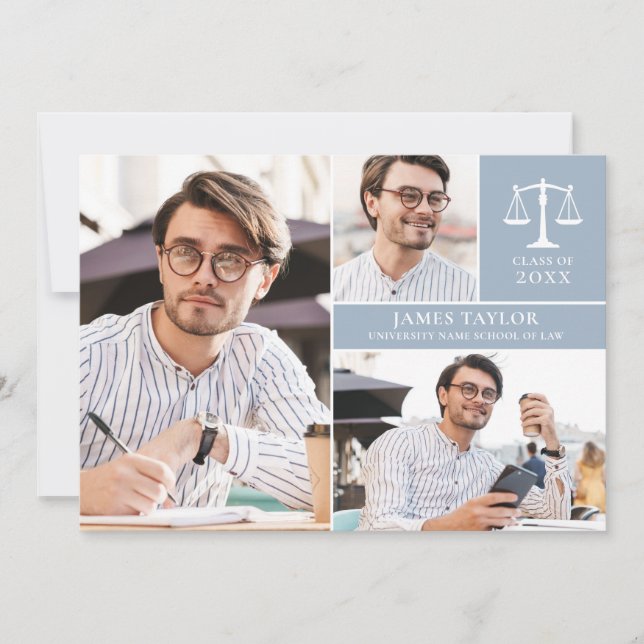 Dusty Blue 3 Photo Law School Graduation Party Inv Invitation (Front)