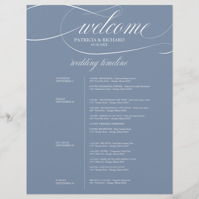 Dusty Blue 4 Days Wedding Itinerary Chic (Front)
