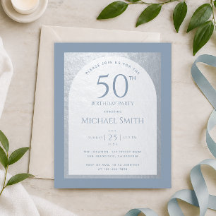 Dusty Blue 50th Birthday Silver Budget Invitation