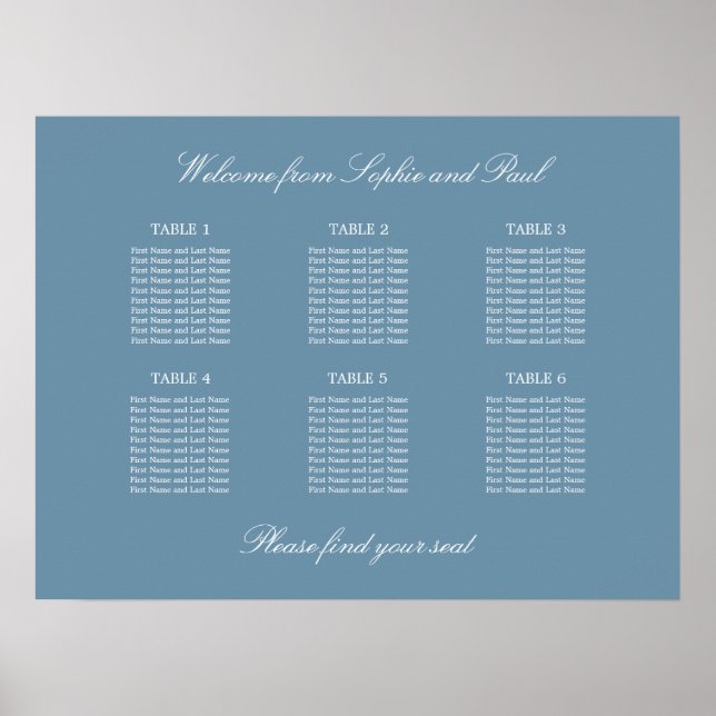 Dusty Blue 6 Table Wedding Seating Chart Poster (Front)