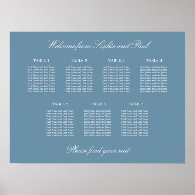 Dusty Blue 7 Table Wedding Seating Chart Poster (Front)