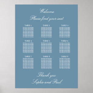 Dusty Blue 9 Table Wedding Seating Chart Poster