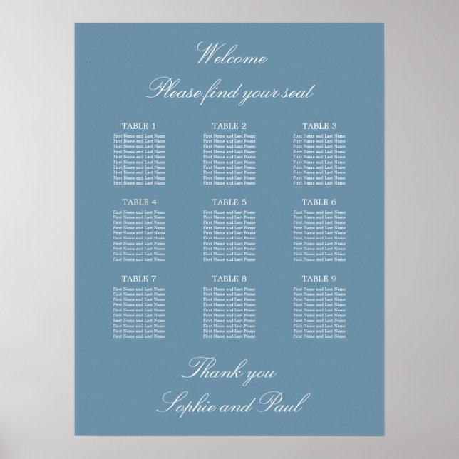 Dusty Blue 9 Table Wedding Seating Chart Poster (Front)