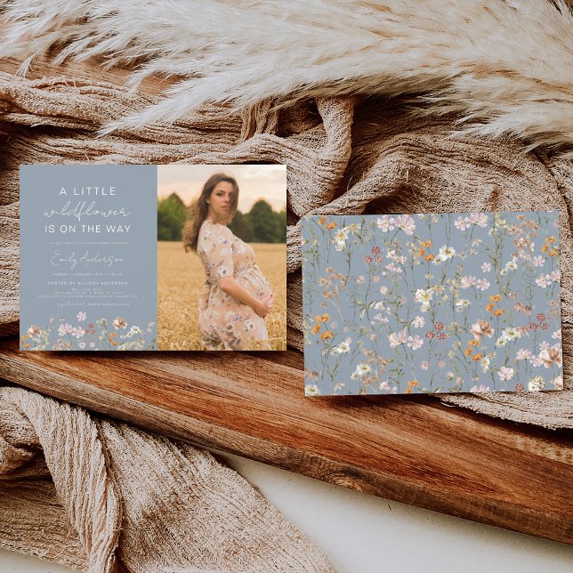 Dusty Blue A Little Wildflower Photo Baby Shower Invitation (Creator Uploaded)