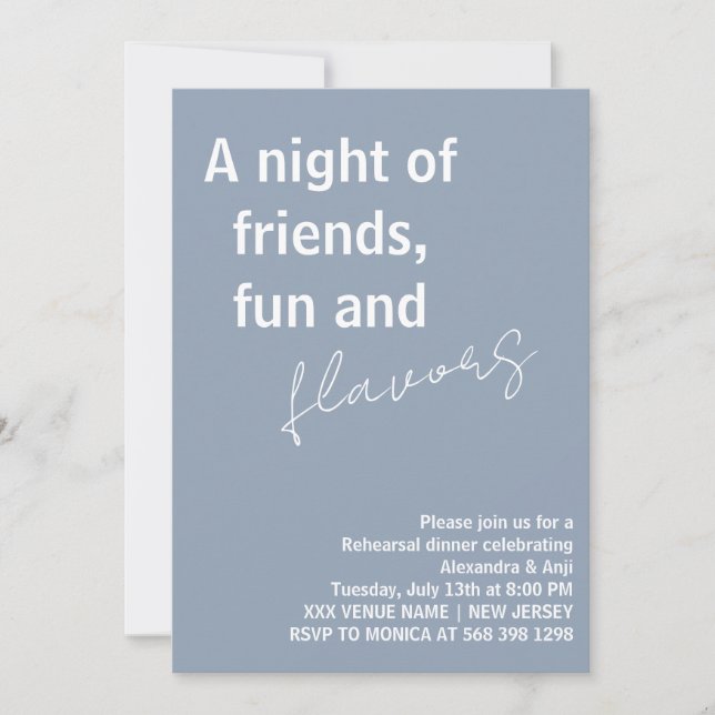 Dusty Blue a night of fun friends Rehearsal Dinner Invitation (Front)