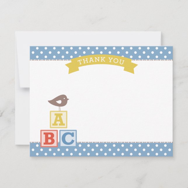 Dusty Blue ABC Blocks Bird Baby Boy Thank You Card (Front)