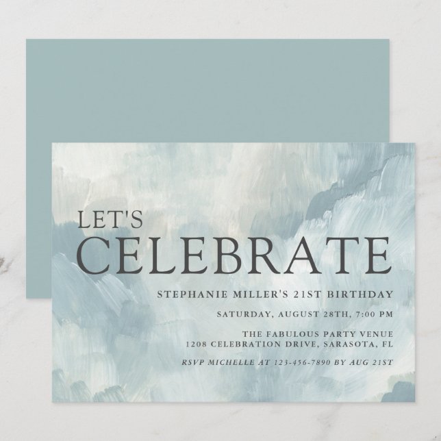 Dusty Blue Abstract Brushstrokes 21st Birthday Invitation (Front/Back)