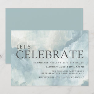 Dusty Blue Abstract Brushstrokes 21st Birthday Invitation
