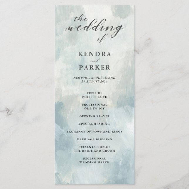Dusty Blue Abstract Brushstrokes Wedding Program Programme (Front)