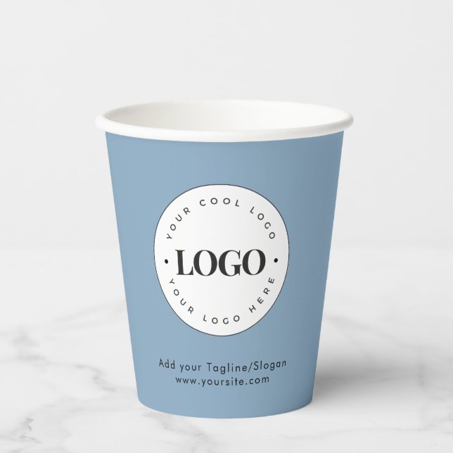 Dusty Blue Add Custom Business Company Logo Party Paper Cups (Front)
