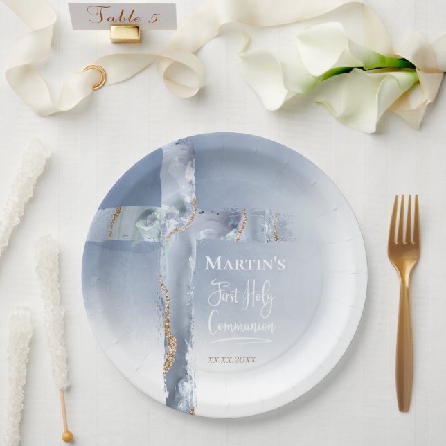  dusty blue agate cross First Communion Paper Plate (Wedding)
