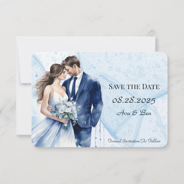 Dusty Blue Alcohol Ink Bride & Groom  Save The Date (Front)