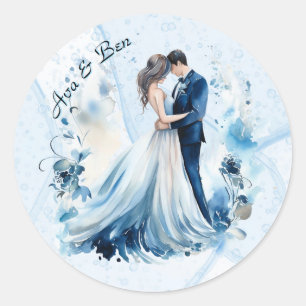 Dusty Blue Alcohol Ink Bride & Groom Wedding Classic Round Sticker