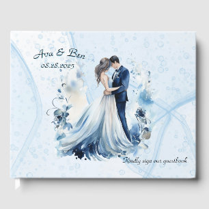 Dusty Blue Alcohol Ink Bride & Groom Wedding Guest Book