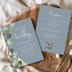 Dusty Blue All in One Eucalyptus QR Code Wedding Invitation