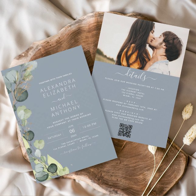 Dusty Blue All in One Eucalyptus QR Code Wedding Invitation (Creator Uploaded)