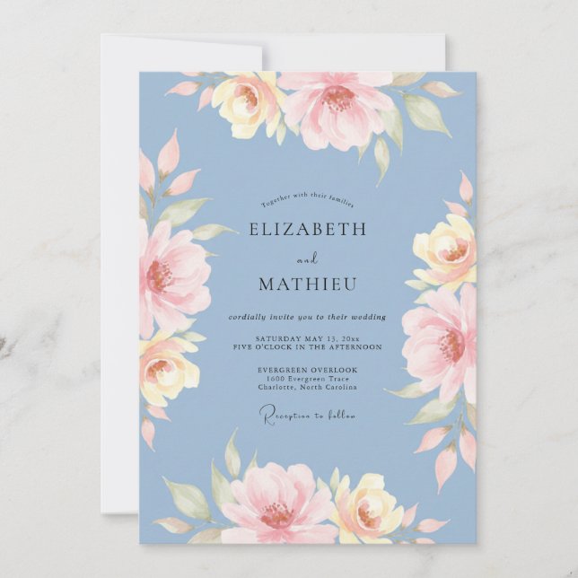 Dusty Blue Alluring Floral Wedding Invitation (Front)