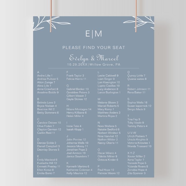 Dusty Blue Alphabetical Wedding Seating Chart (Creator Uploaded)
