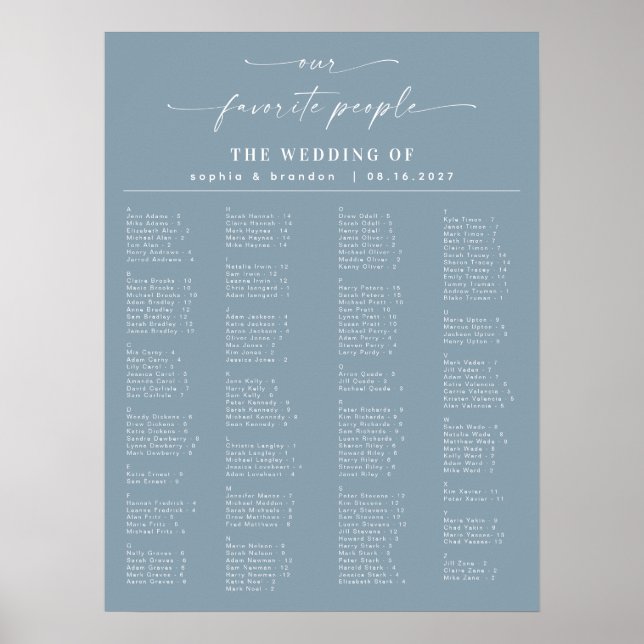 Dusty Blue Alphabetical Wedding Seating Chart (Front)