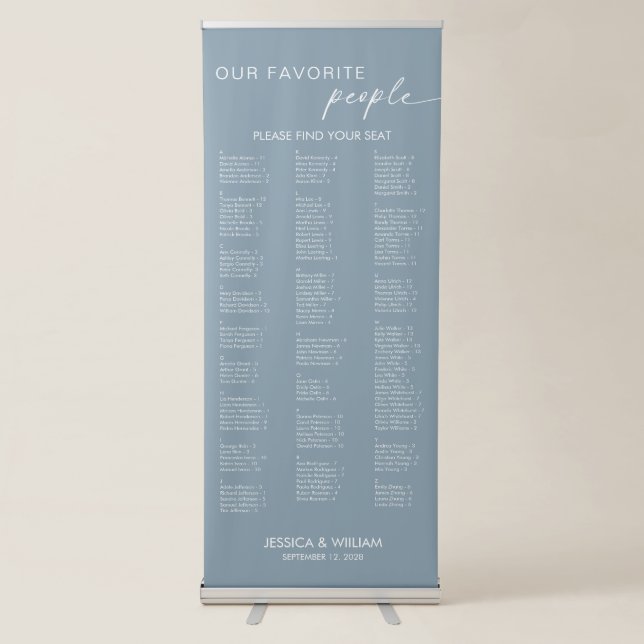 Dusty Blue Alphabetical Wedding Seating Chart Retractable Banner (Front)