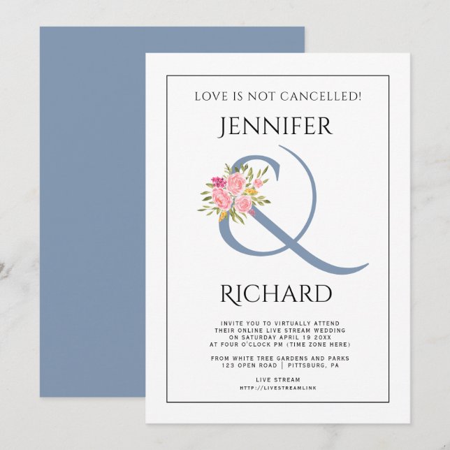 Dusty blue ampersand, pink rose virtual wedding invitation (Front/Back)