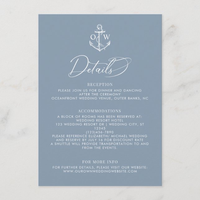 Dusty Blue Anchor Nautical Wedding Details Enclosure Card (Front)