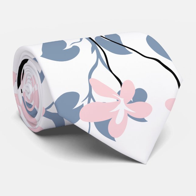 Dusty blue and black branch, blush pink flowers tie (Rolled)