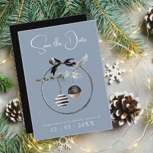 Dusty Blue and Black Christmas Baubles Wedding Save The Date