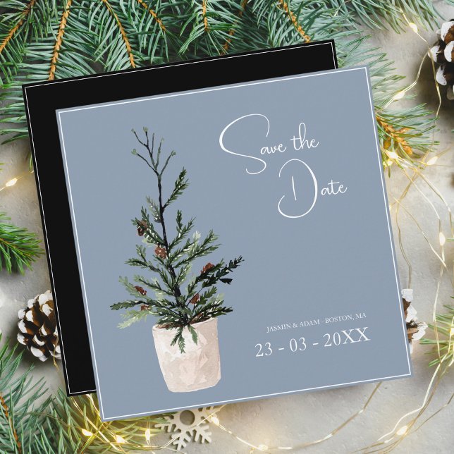 Dusty Blue and Black Christmas Tree Wedding  Save The Date (Creator Uploaded)