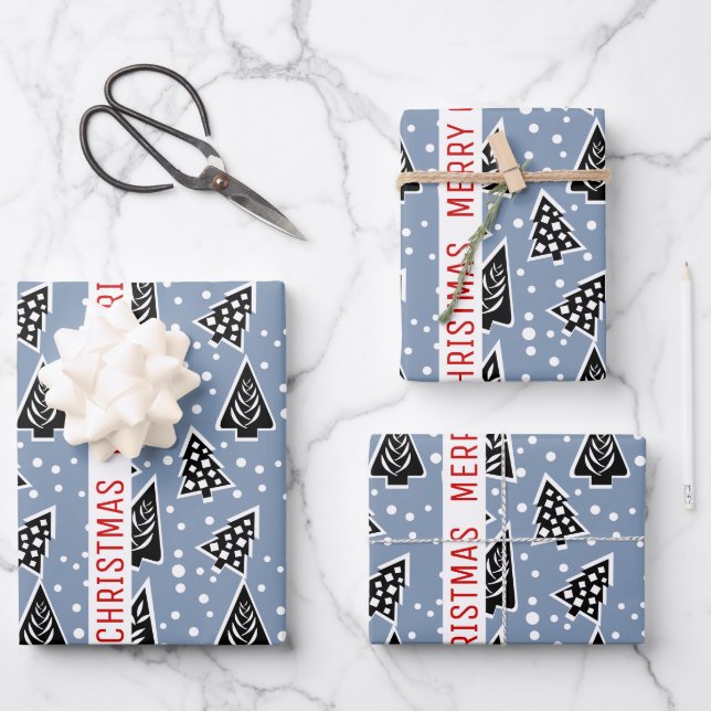 Dusty blue and black Merry Christmas trees holiday Wrapping Paper Sheet (Front)