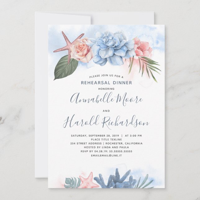 Dusty Blue and Blush Beach Rehearsal Dinner Invitation (Front)