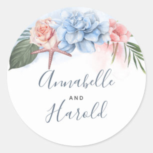 Dusty Blue and Blush Beach Wedding Classic Round Sticker
