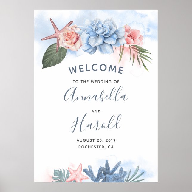 Dusty Blue and Blush Beach Wedding Welcome Poster (Front)