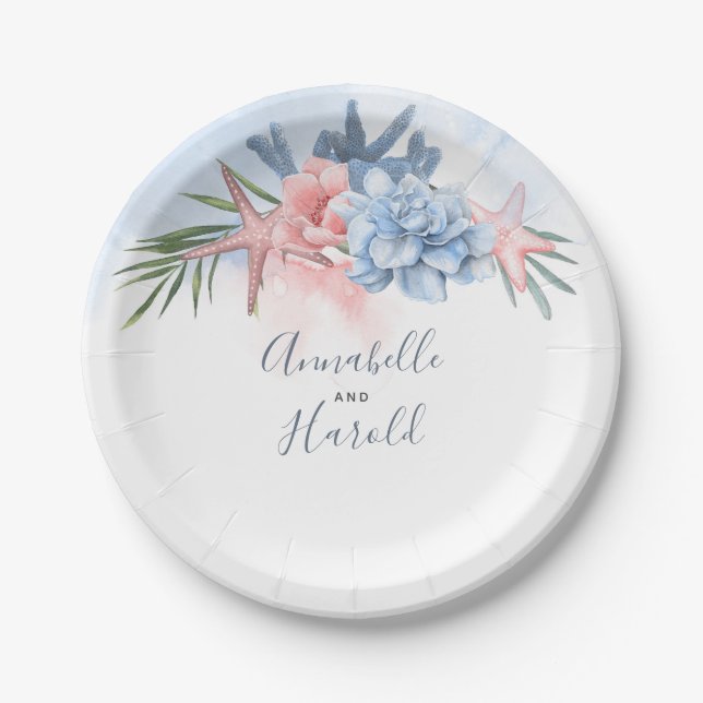 Dusty Blue and Blush Destination Beach Wedding Paper Plate (Front)