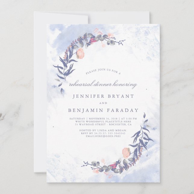 Dusty Blue and Blush Floral Rehearsal Dinner Invitation (Front)