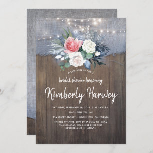 Dusty Blue and Blush Floral Rustic Bridal Shower Invitation