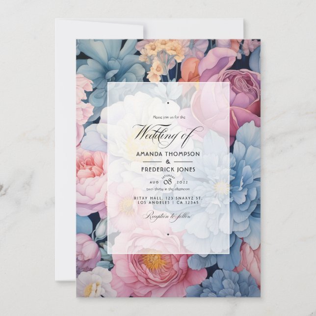 Dusty Blue and Blush Floral Wedding Invitation (Front)