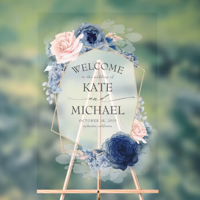 Dusty Blue and Blush Floral Wedding Welcome Acrylic Sign (Neutral)